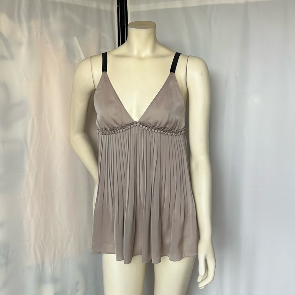 Elizabeth and James Taupe Pleated Silk Tank Top with Black Straps